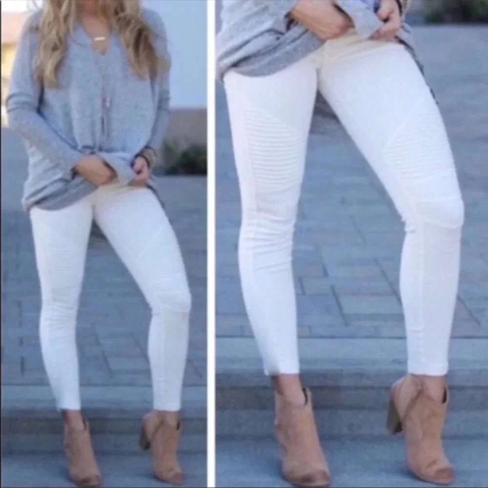 White Moto Leggings | High Waisted Stretchy Ribbed Skinny Pants